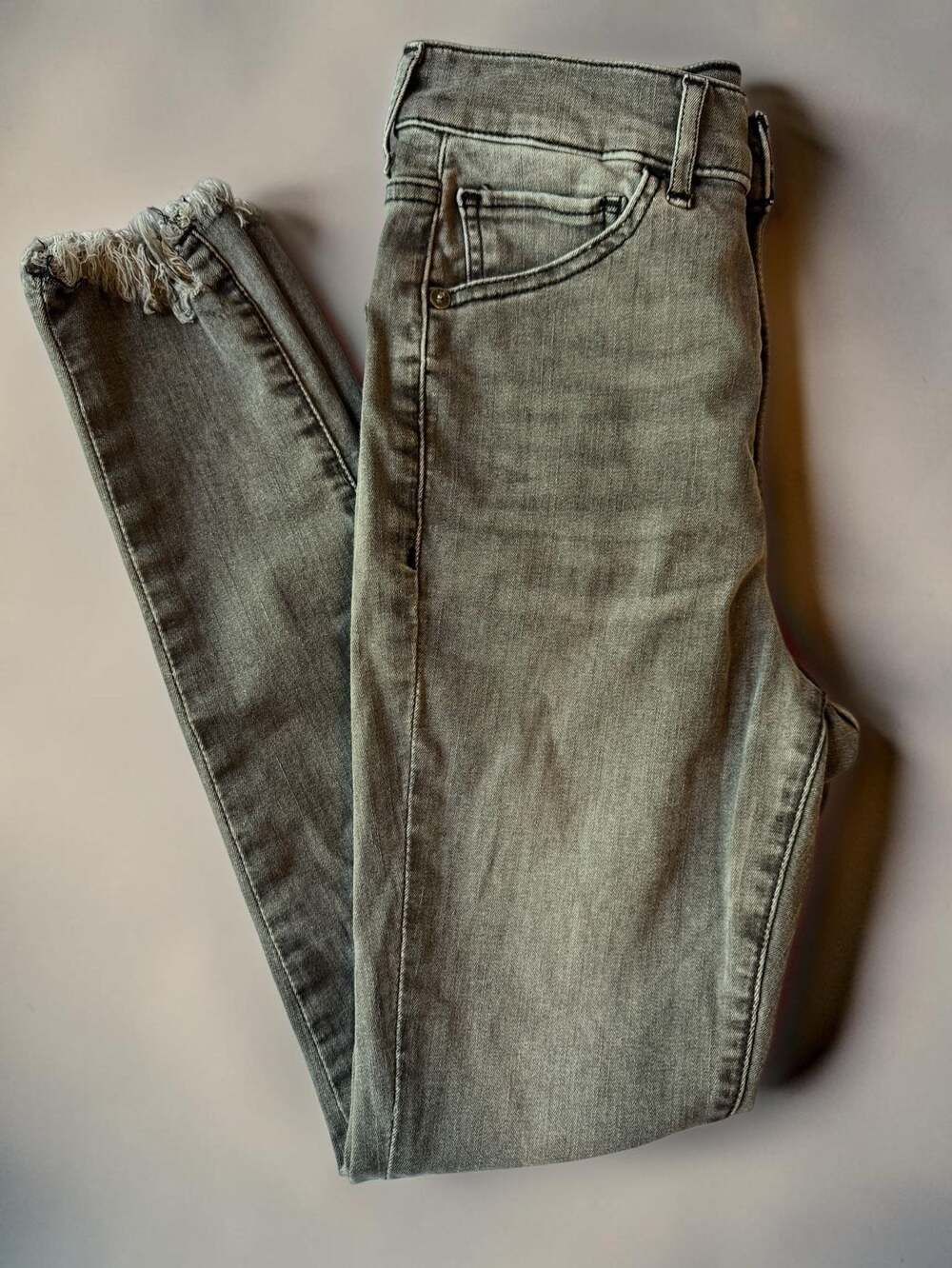 Express High Rise Hyper Stretch Skinny Jeans with Raw Hem, Grey